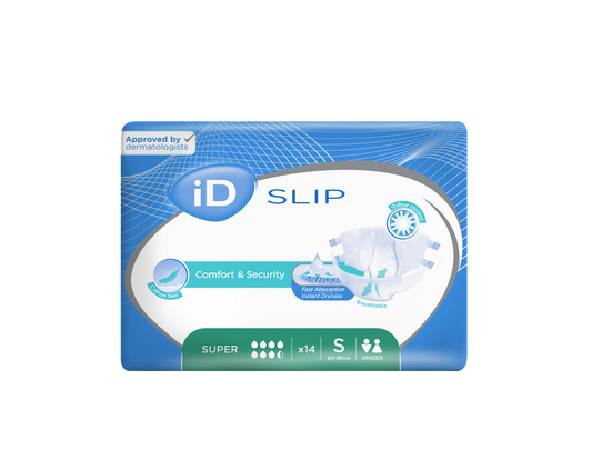 CS/4 (14/PKG) ID SLIP SUPER, SMALL, (19"-35"), 2100 ML ABSORBENCY.