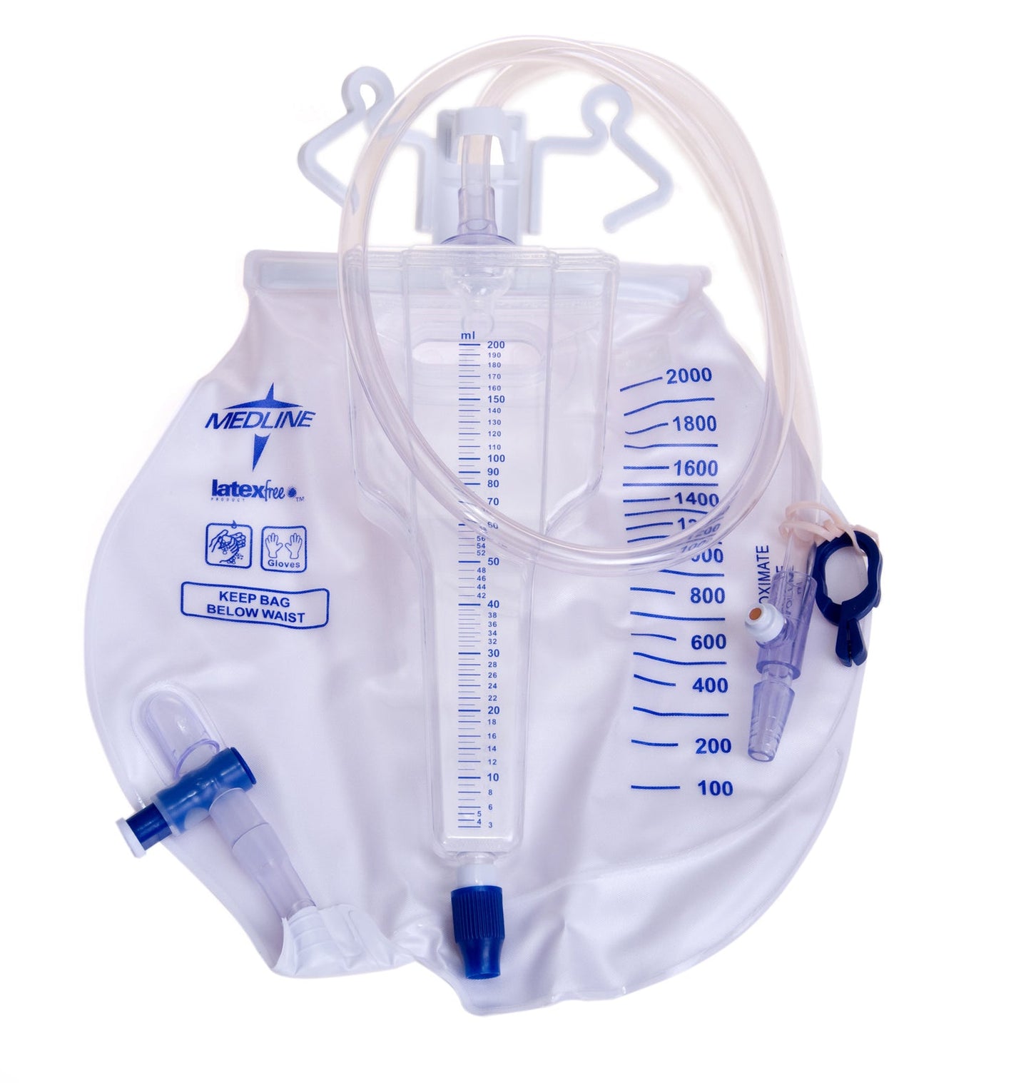 EA/1 URINE METER DRAINAGE BAGS, 200ML, METAL CLAMP, SLIDE TAP, LATEX-FREE