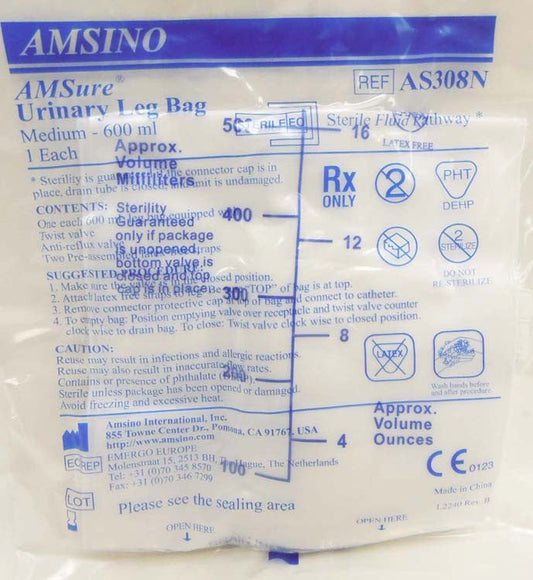 EA/1 LEG BAG MEDIUM 600ML WITH LEG STRAPS AND TWIST TYPE DRAINAGE VALVE LATEX-FREE