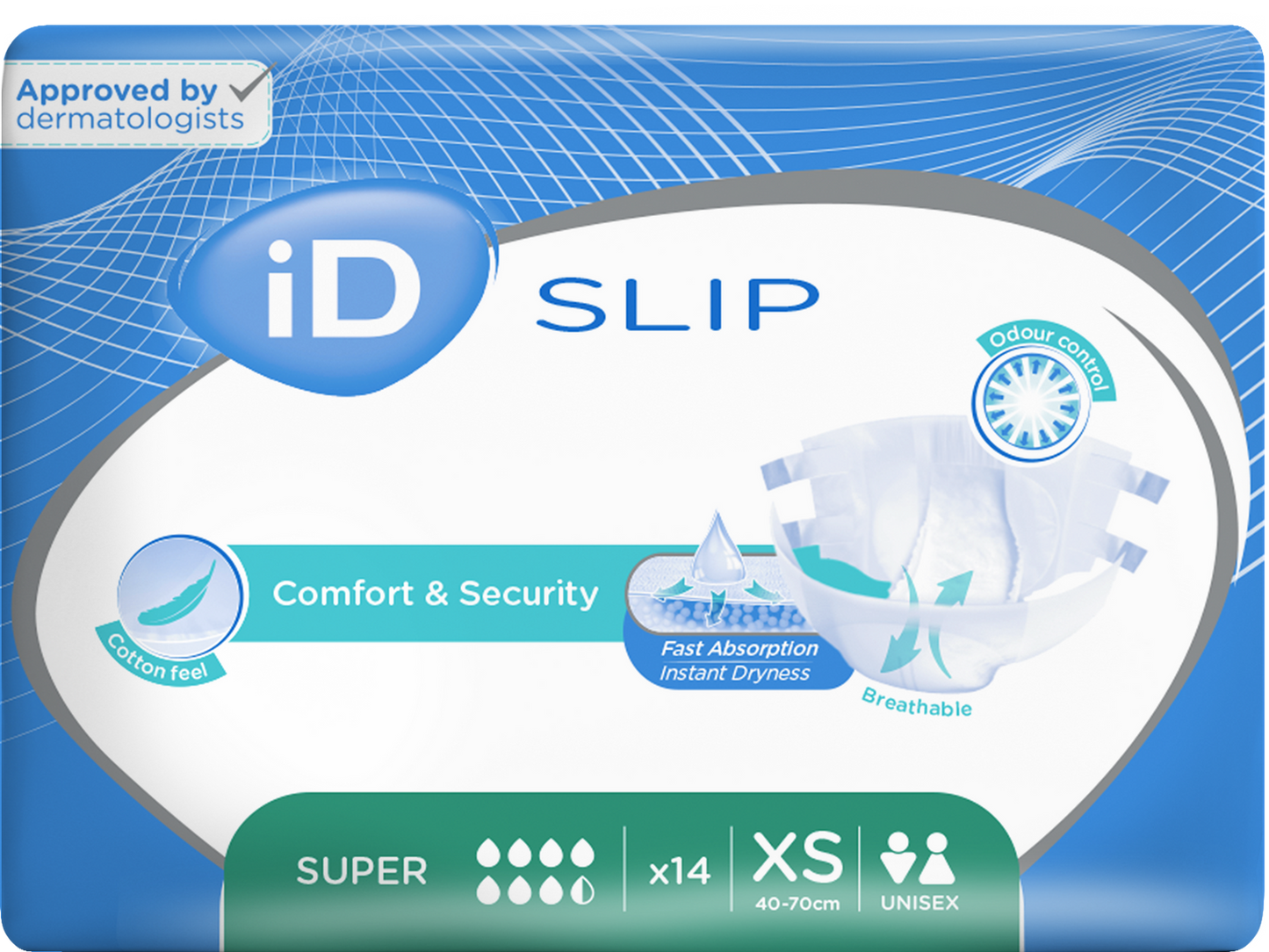 CS/12 (14/PKG) ID SLIP SUPER, X-SMALL, (16"-28"), 1550 ML ABSORBENCY.
