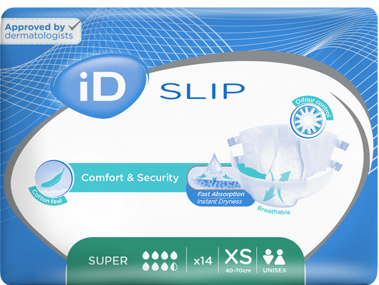 CS/12 (14/PKG) ID SLIP SUPER, X-SMALL, (16"-28"), 1550 ML ABSORBENCY.