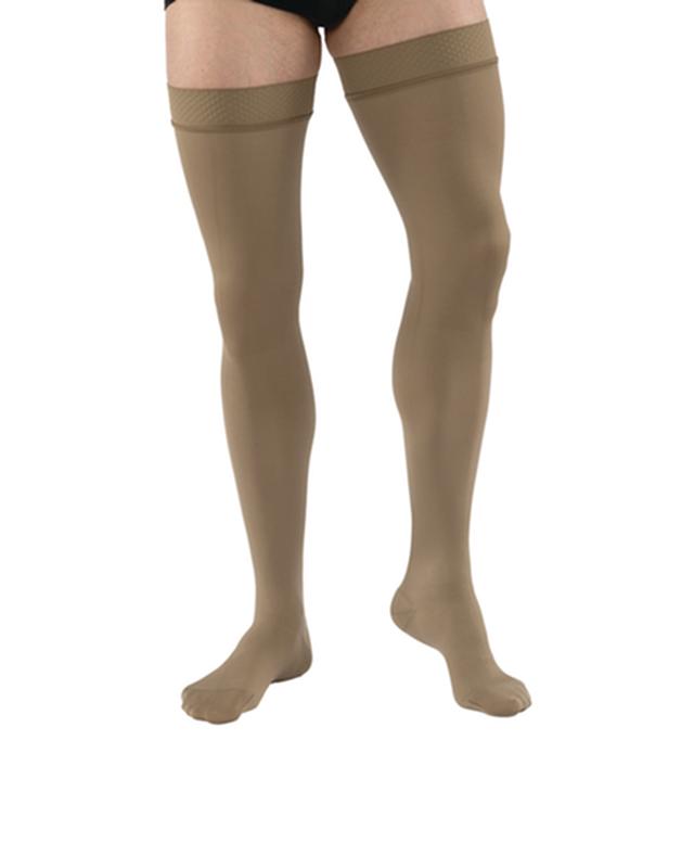 PR/1 JOBST MEDICAL LEG WEAR, MEN, RIBBED, THIGH HIGH W/SIL DOT BAND, 15-20MMHG, MD, KHAKI, CLOSED TOE
