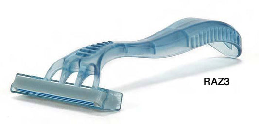 BX/50 FACE RAZOR, TRIPLE BLADE, BLUNT HANDLE, LUBRICATING STRIP