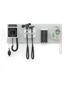 EA/1 WALL TRANSFOMER 777 GREEN SERIES, W, PANOPTIC OPTHALMOSCOPE, SURE TMEP 690 THERMOMETER AND WALL BOARD.